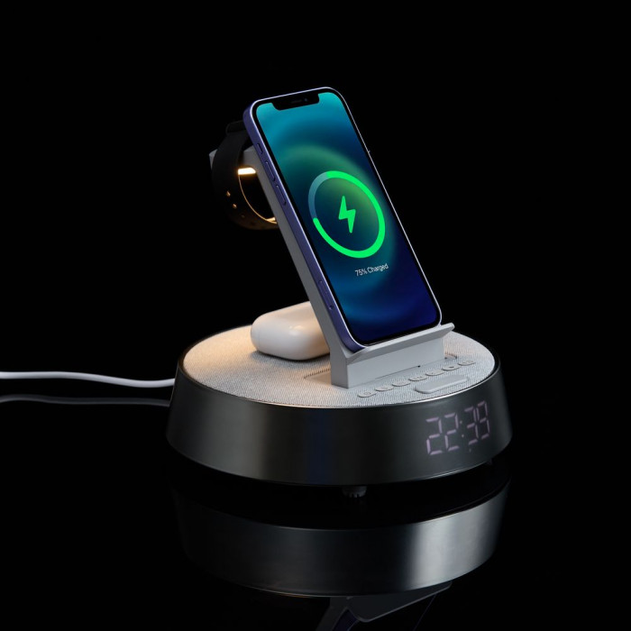 Bluetooth-колонка с беспроводной зарядкой и часами netEnergy, серая