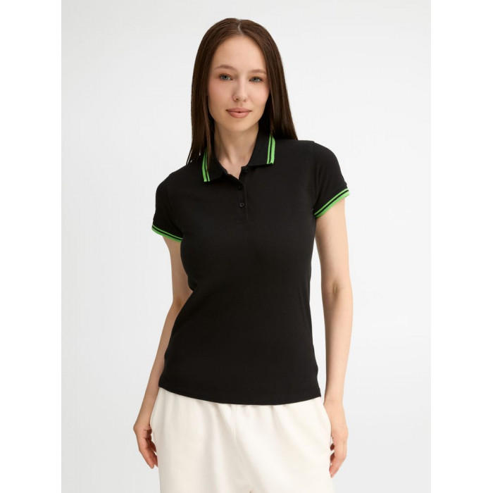 Рубашка поло женская Pasadena Women 200 с контрастной отделкой, черная с зеленым