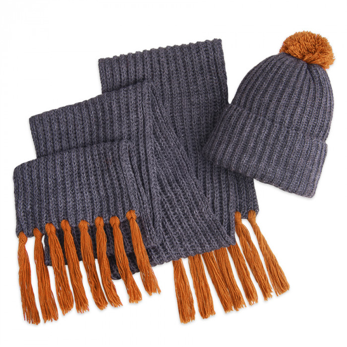 Вязаный комплект шарф и шапка GoSnow, антрацит c фурнитурой, оранжевый, 70% акрил,30% шерсть