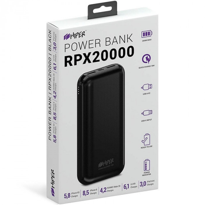 Универсальный аккумулятор RPX20000, QC3.0, PD, TYPE C, емкость 20000 мАч, черный