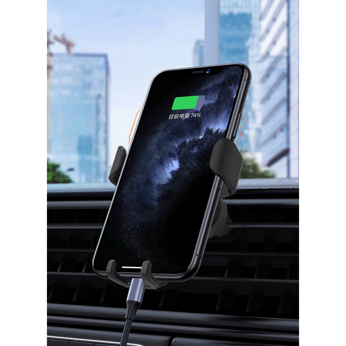 Автомобильное беспроводное (10W) зарядное устройство "Clamp SOFTTOUCH" с подсветкой логотипа, покрытие soft touch