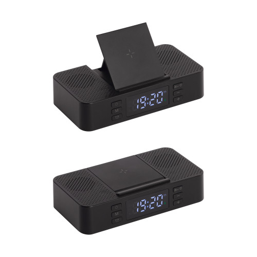 Настольные часы "Smart Box" с bluetooth колонкой (2х3Вт), беспроводным (15W) зарядным устройством и складной подставкой под смартфон