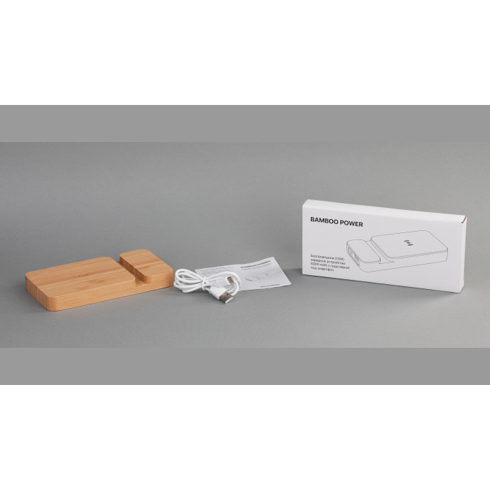 Беспроводное (10W) зарядное устройство "Bamboo Power" 5000 mAh с подставкой под смартфон, бамбук