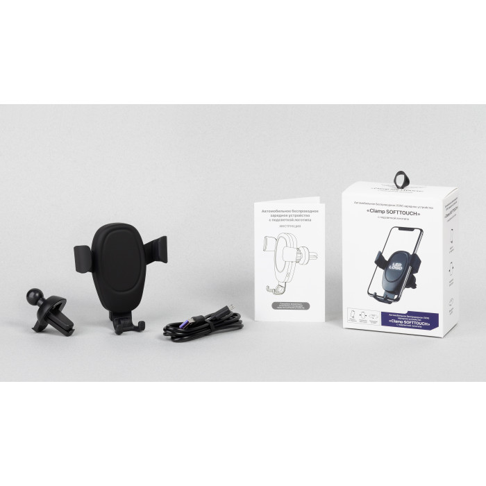 Автомобильное беспроводное (10W) зарядное устройство "Clamp SOFTTOUCH" с подсветкой логотипа, покрытие soft touch