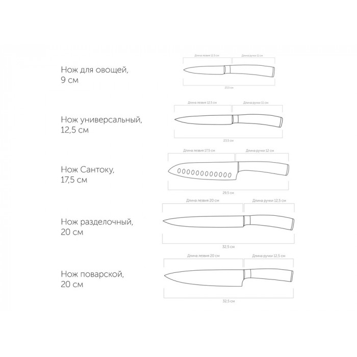 Набор из 5 кухонных ножей и блока для ножей с ножеточкой, NADOBA, серия DANA
