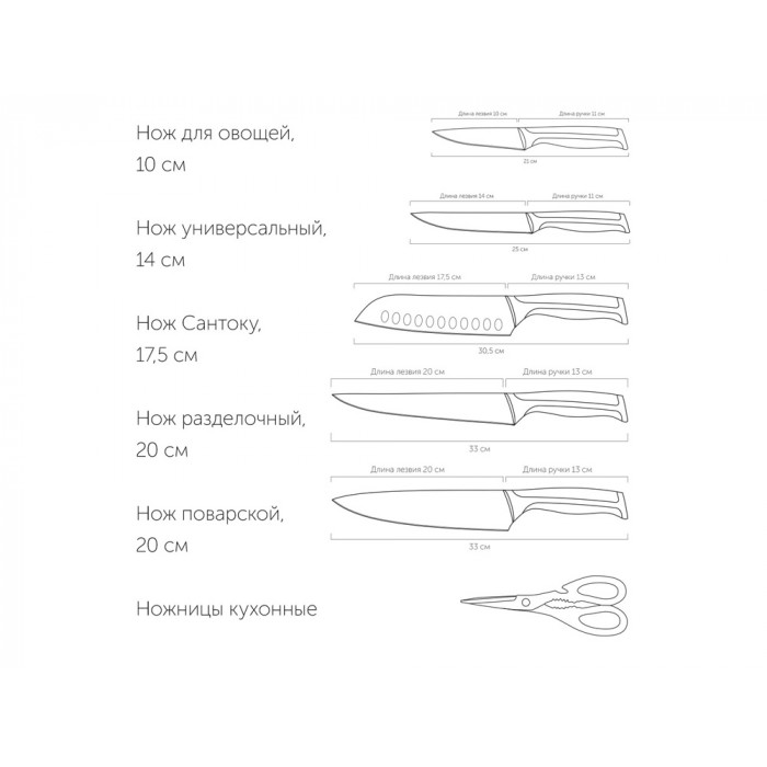 Набор из 5 кухонных ножей, ножниц и блока для ножей с ножеточкой, NADOBA, серия URSA