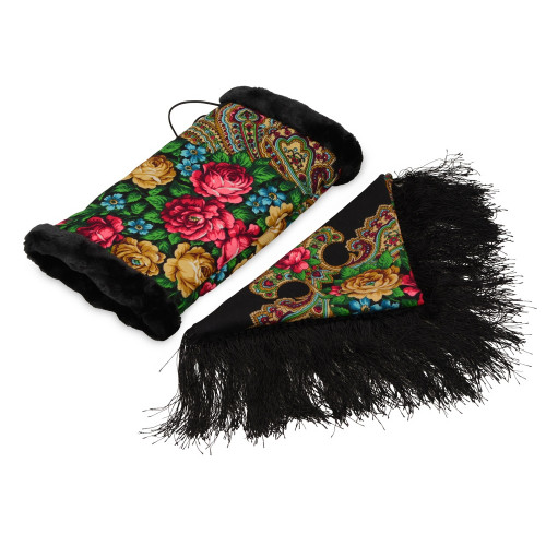 Подарочный набор: Павлопосадский платок, муфта, черный/разноцветный