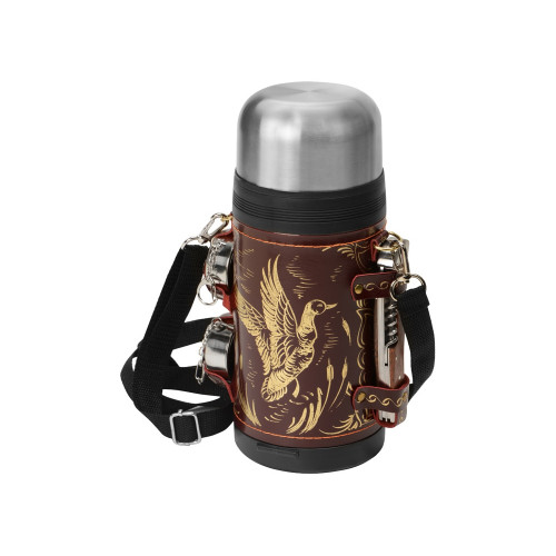 Термос в кожаном чехле, 1,2л, бордовая кожа