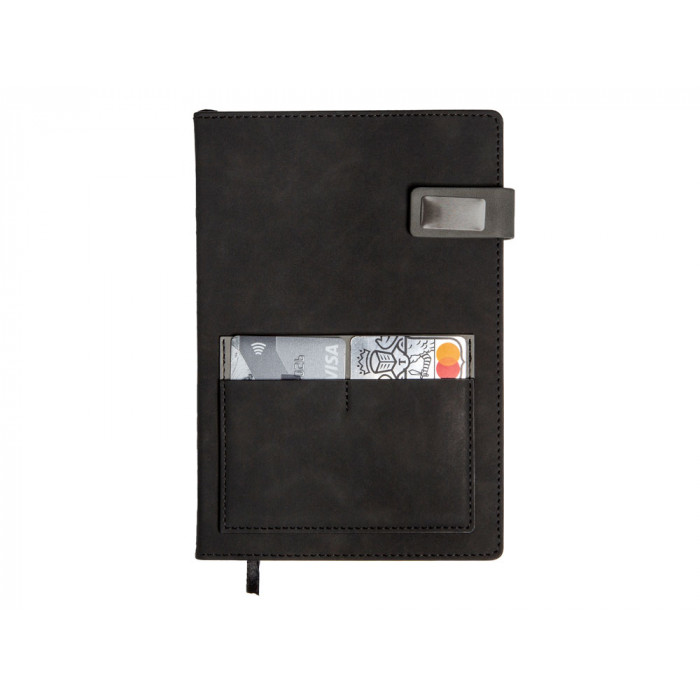 Бизнес блокнот А5 Freya с клапаном и карманом для визиток, твердая обложка, 128 листов, черный и свет