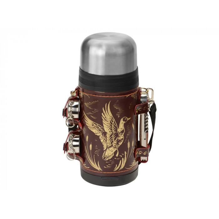 Термос в кожаном чехле, 1,2л, бордовая кожа