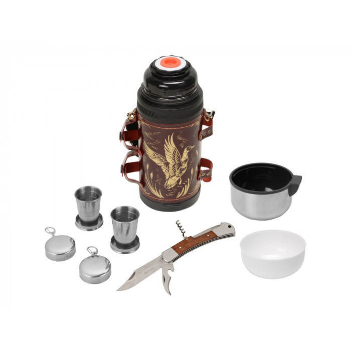 Термос в кожаном чехле, 1,2л, бордовая кожа