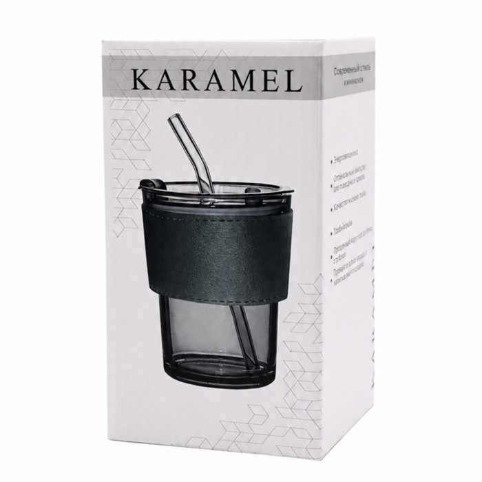 Стакан стеклянный с трубочкой и капхолдером Karamel, зелёный.