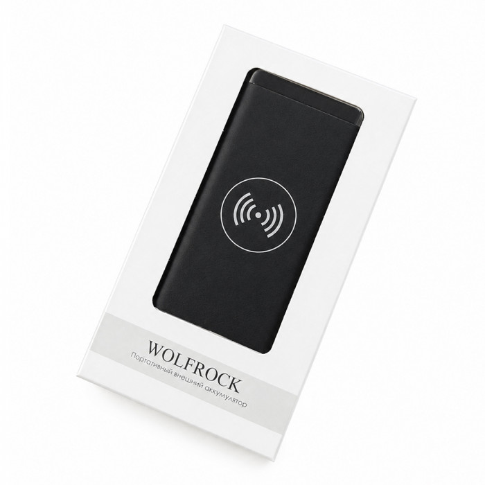 Внешний аккумулятор Wolfrock с беспроводной зарядкой soft-touch покрытием, 10000 mAh, черный
