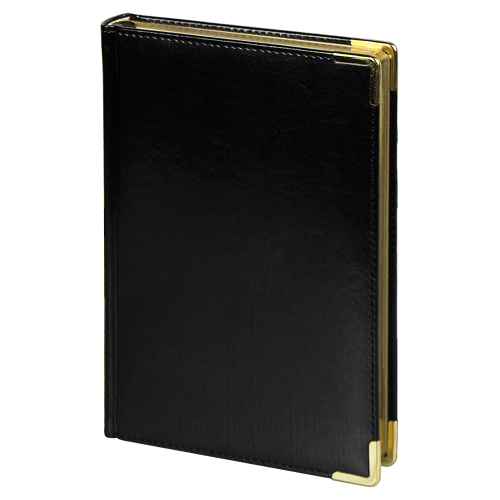 Ежедневник полудатированный Classic Pristine Gold А5, черный с золотом, с металлическими уголками, в твердой обложке с поролоном Ежедневник полудатированный Classic Pristine Gold А5, черный с золотом, с металлическими уголками, в твердой обложке с поролоном