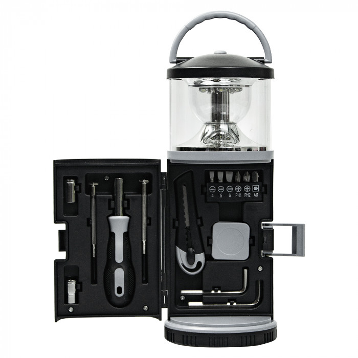 Набор инструментов Tools lantern cо встроенной лампой , 15 инструментов,  черный, в пластиковом футляре