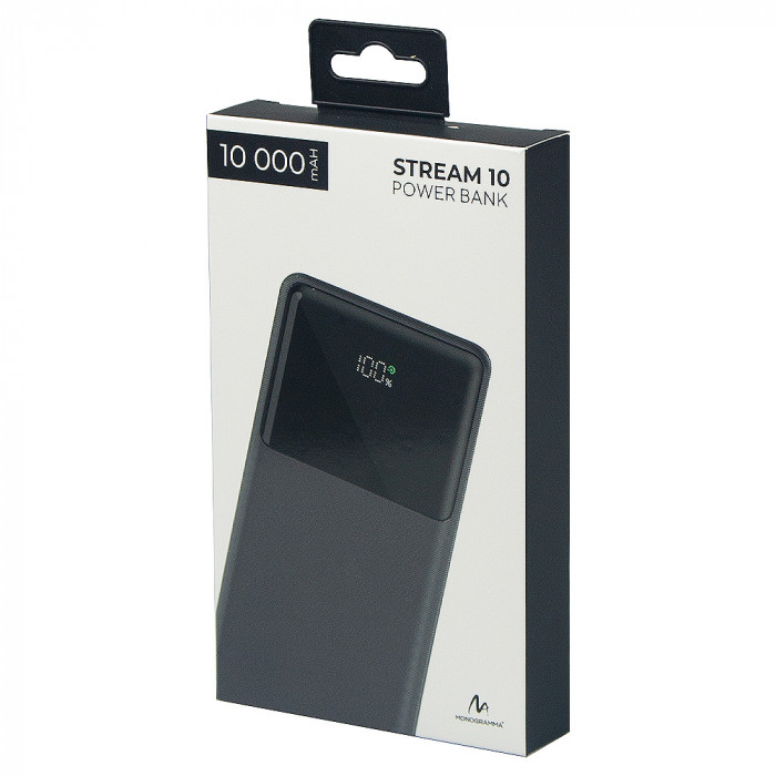 Внешний аккумулятор (powerbank)  «Stream 10»,  10 000 mAH, с двумя зарядными шнурами,  22,5W (Ватт)  super fast charge, Power Delivery (PD) 25.5W (dfnn),  c цифровым дисплеем для контроля заряда, черный