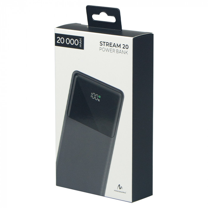 Внешний аккумулятор (powerbank) «Stream 20», 20 000 mAH, с двумя зарядными шнурами,  22,5W (Ватт)  super fast charge, Power Delivery (PD) 25.5W (dfnn), c цифровым дисплеем для контроля заряда, черный