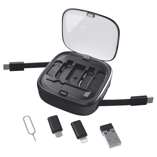 Кабель зарядный выдвижной USB Solid Link 5-в-1 на Lightning, Micro-USB, Type-C «U50» 2,4 A, C to C, Quick Charge с подставкой для телефона, квадратный, черный