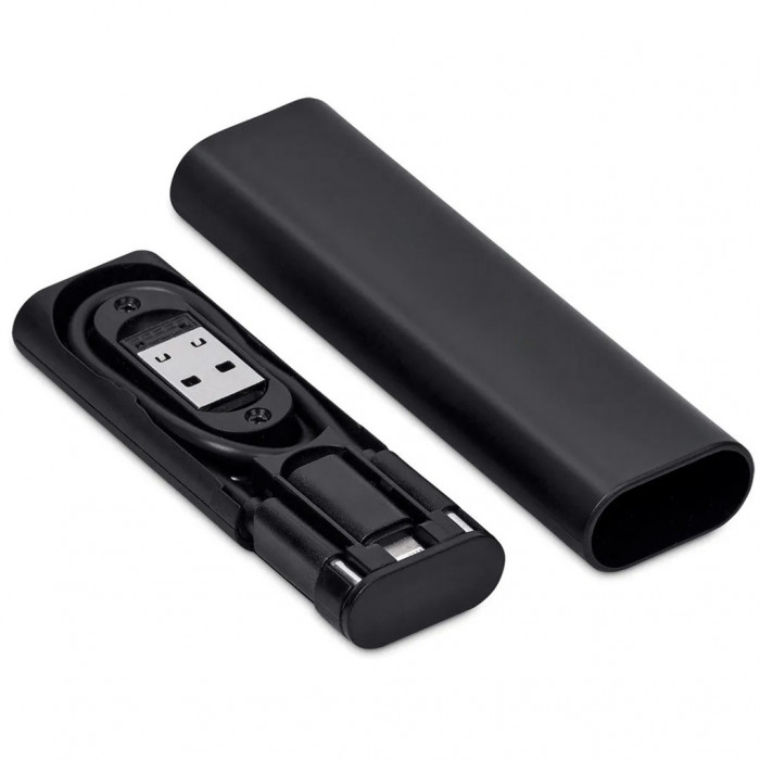 Кабель зарядный выдвижной USB Solid Line  60W 3-в-1 на Lightning, Micro-USB, Type-C «U50» 2,4 A, Quick Charge в пластиковом футляре, черный