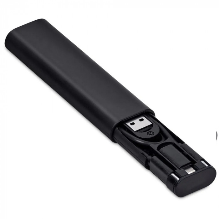 Кабель зарядный выдвижной USB Solid Line  60W 3-в-1 на Lightning, Micro-USB, Type-C «U50» 2,4 A, Quick Charge в пластиковом футляре, черный