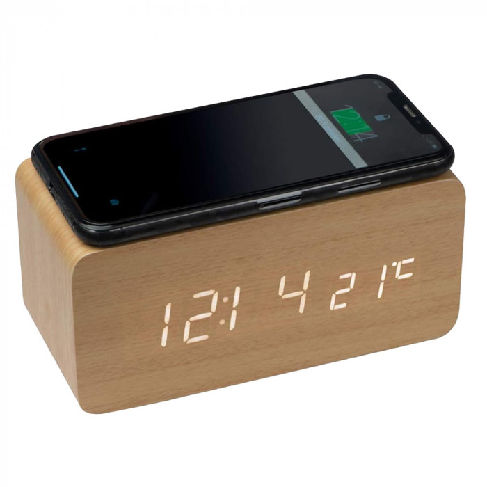Часы настольные Wireless Time Hub с беспроводной зарядкой, термометром, календарем, светло-коричневые