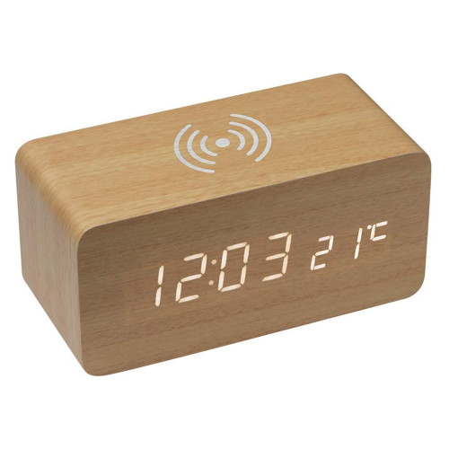 Часы настольные Wireless Time Hub с беспроводной зарядкой, термометром, календарем, светло-коричневые