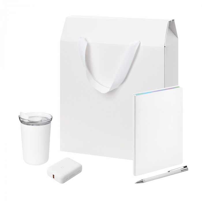 Подарочный набор Велком Пак (Welcome Pack), белый (термокружка, ежедневник, ручка, ЗУ, коробка-пакет)