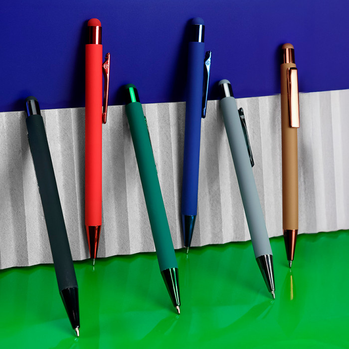Ручка шариковая FACTOR COLOR со стилусом, зеленый, металл, пластик, софт-покрытие