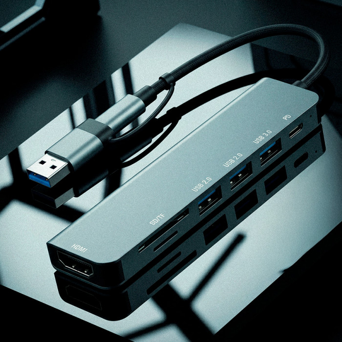 USB-хаб STEM 7 в 1, серый, алюминий