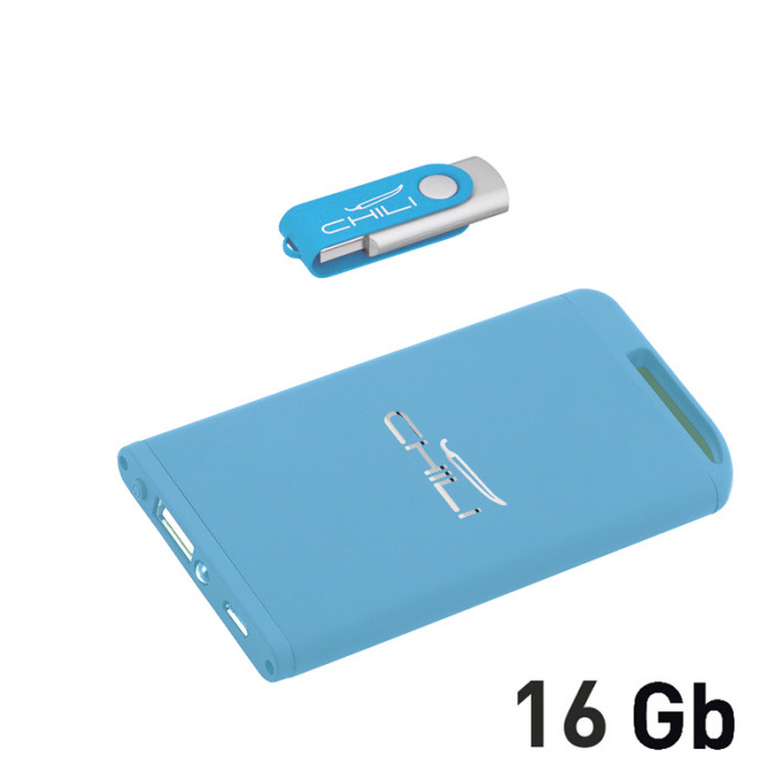 Набор зарядное Theta 4000 mAh + флеш-карта Vostok 16Гб  в футляре, голубой, покрытие soft touch
