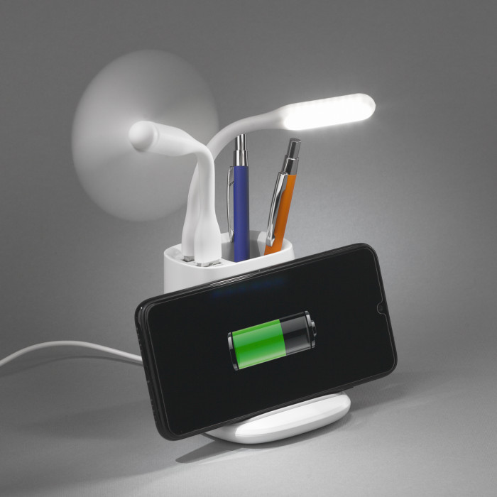 Карандашница Smart Stand с беспроводным зарядным устройством, вентилятором и лампой (2USB разъёма)