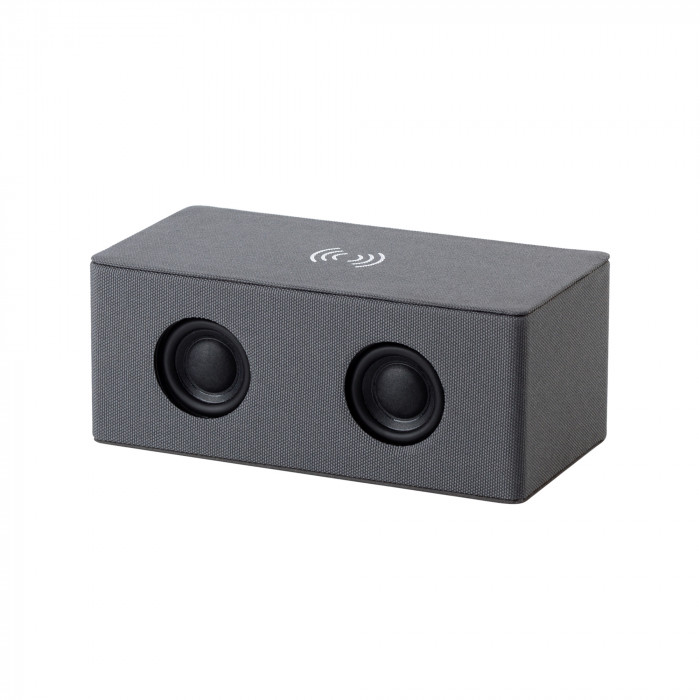 Bluetooth колонка Cool Gray с двумя динамиками (2х3Вт) и беспроводным зарядным устройством, переработанный пластик (RPET)