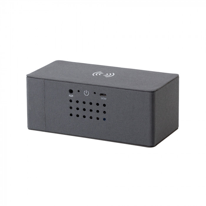 Bluetooth колонка Cool Gray с двумя динамиками (2х3Вт) и беспроводным зарядным устройством, переработанный пластик (RPET)
