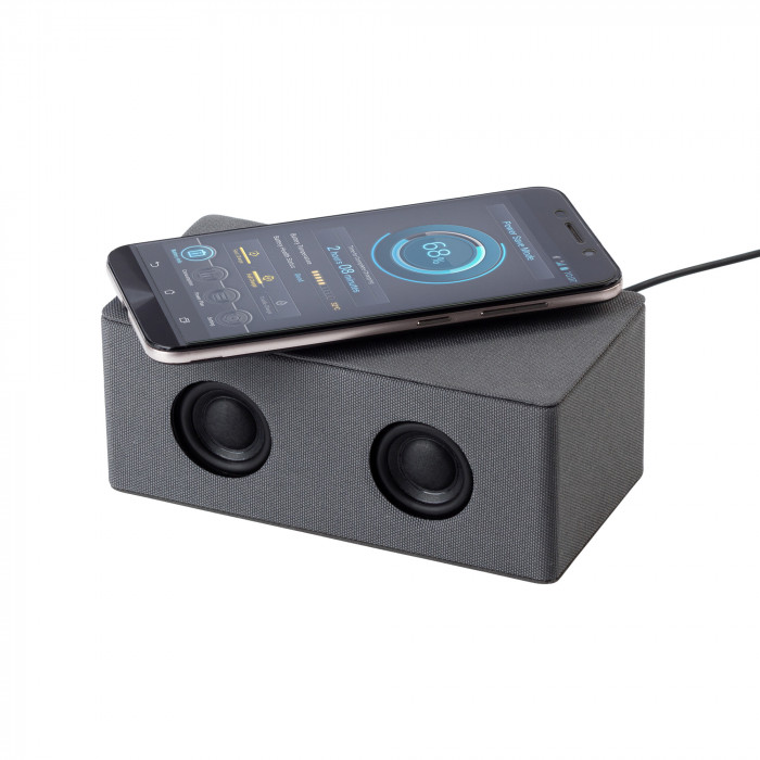 Bluetooth колонка Cool Gray с двумя динамиками (2х3Вт) и беспроводным зарядным устройством, переработанный пластик (RPET)