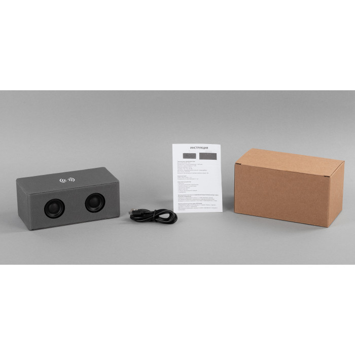 Bluetooth колонка Cool Gray с двумя динамиками (2х3Вт) и беспроводным зарядным устройством, переработанный пластик (RPET)