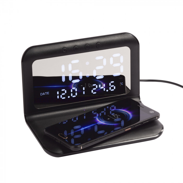 Настольные часы Smart Time с беспроводным (15W) зарядным устройством, будильником и термометром, со съёмным дисплеем