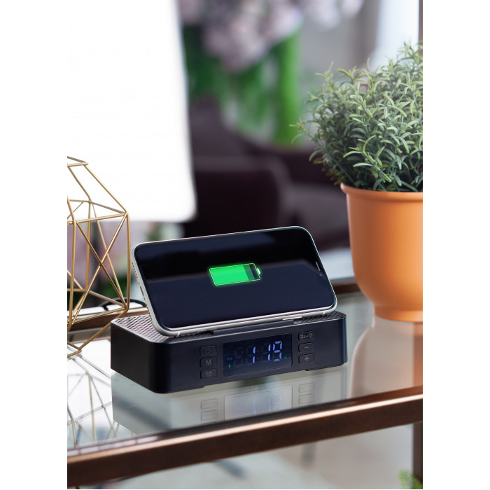Настольные часы Smart Box с bluetooth колонкой (2х3Вт), беспроводным (15W) зарядным устройством и складной подставкой под смартфон