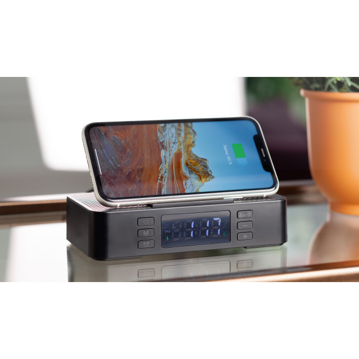 Настольные часы Smart Box с bluetooth колонкой (2х3Вт), беспроводным (15W) зарядным устройством и складной подставкой под смартфон