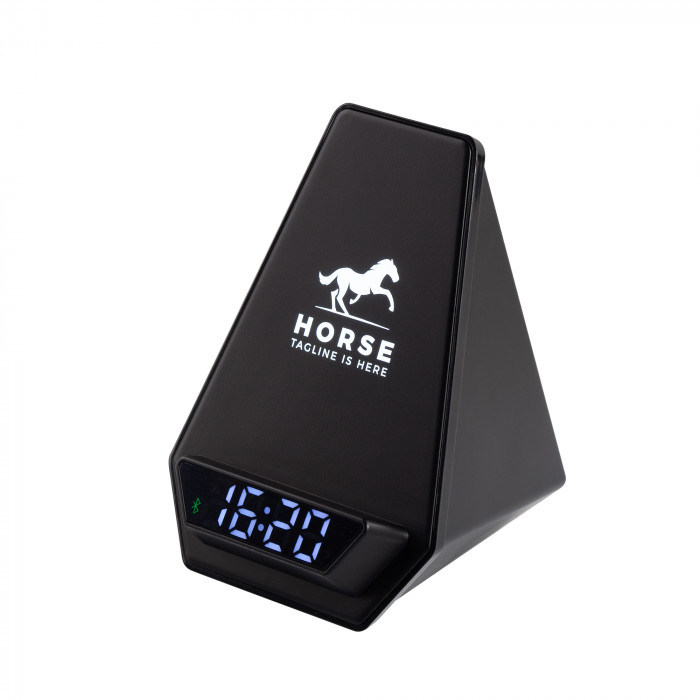 Настольная Bluetooth колонка (3Вт) Smart Pyramid с часами и беспроводным (15W) зарядным устройством, с подсветкой логотипа