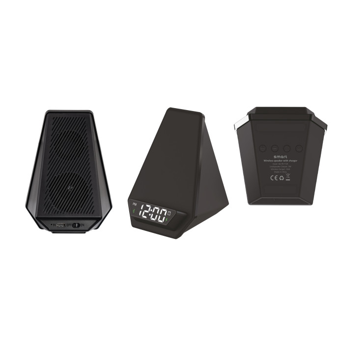 Настольная Bluetooth колонка (3Вт) Smart Pyramid с часами и беспроводным (15W) зарядным устройством, с подсветкой логотипа