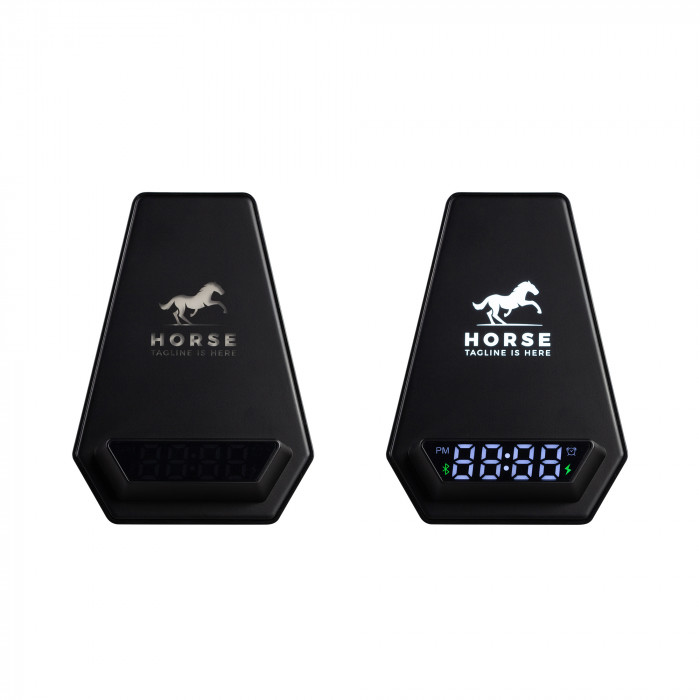 Настольная Bluetooth колонка (3Вт) Smart Pyramid с часами и беспроводным (15W) зарядным устройством, с подсветкой логотипа