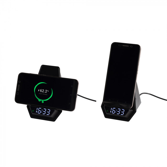 Настольная Bluetooth колонка (3Вт) Smart Pyramid с часами и беспроводным (15W) зарядным устройством, с подсветкой логотипа