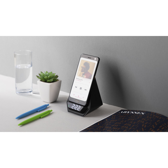 Настольная Bluetooth колонка (3Вт) Smart Pyramid с часами и беспроводным (15W) зарядным устройством, с подсветкой логотипа