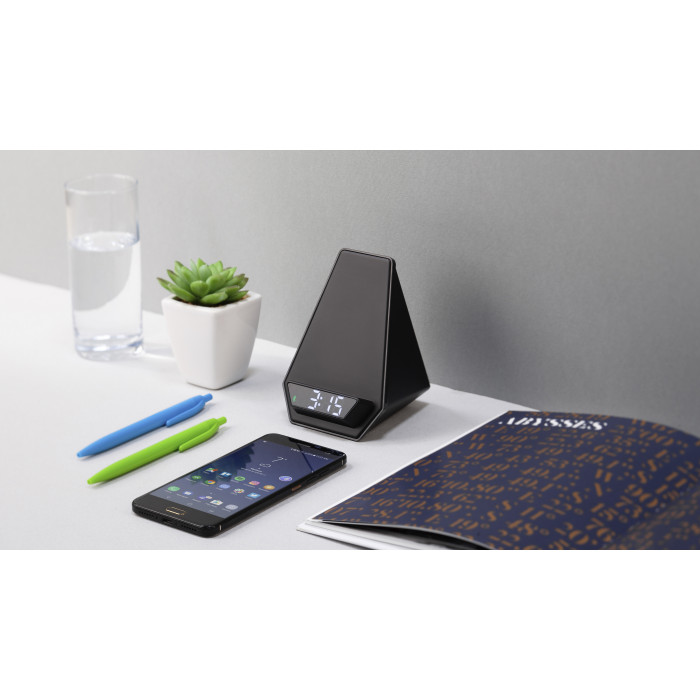 Настольная Bluetooth колонка (3Вт) Smart Pyramid с часами и беспроводным (15W) зарядным устройством, с подсветкой логотипа