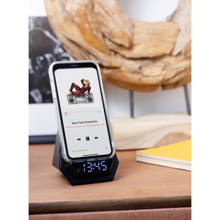 Настольная Bluetooth колонка (3Вт) Smart Pyramid с часами и беспроводным (15W) зарядным устройством, с подсветкой логотипа