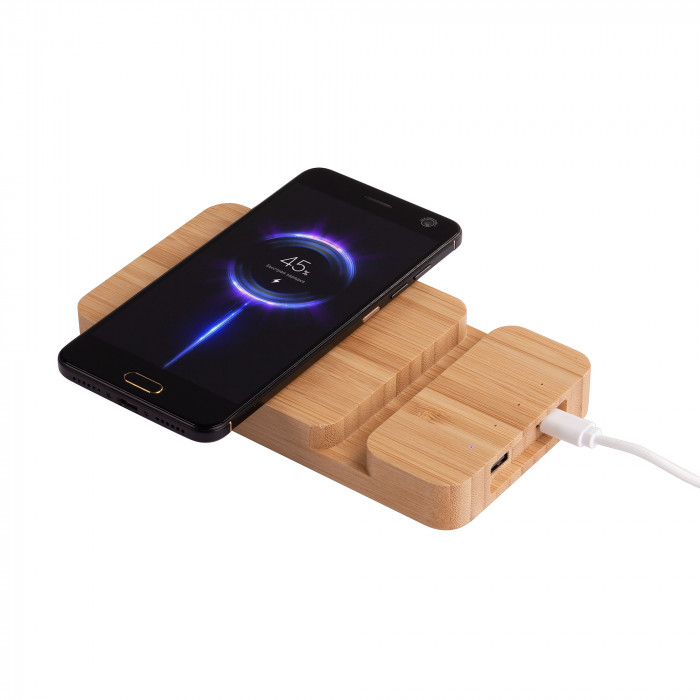 Беспроводное (10W) зарядное устройство Bamboo Power 5000 mAh с подставкой под смартфон, бамбук