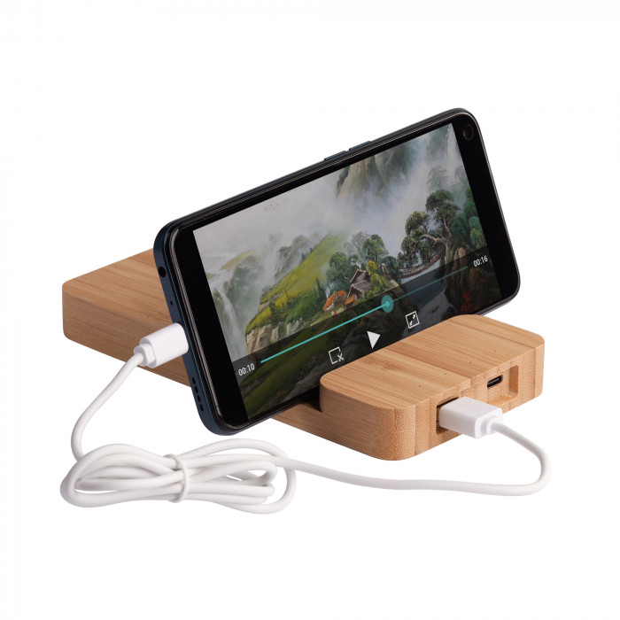 Беспроводное (10W) зарядное устройство Bamboo Power 5000 mAh с подставкой под смартфон, бамбук