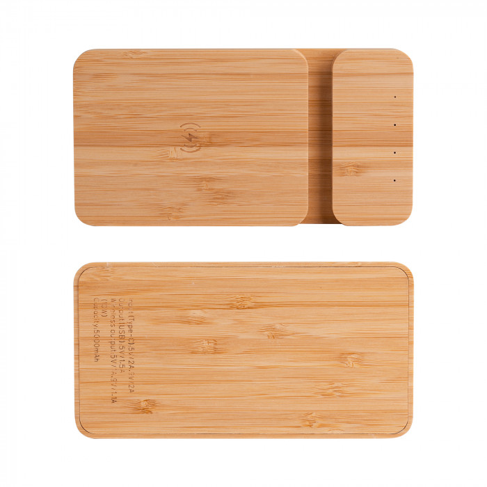 Беспроводное (10W) зарядное устройство Bamboo Power 5000 mAh с подставкой под смартфон, бамбук