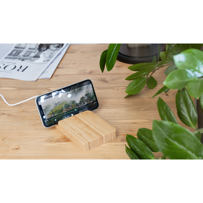 Беспроводное (10W) зарядное устройство Bamboo Power 5000 mAh с подставкой под смартфон, бамбук