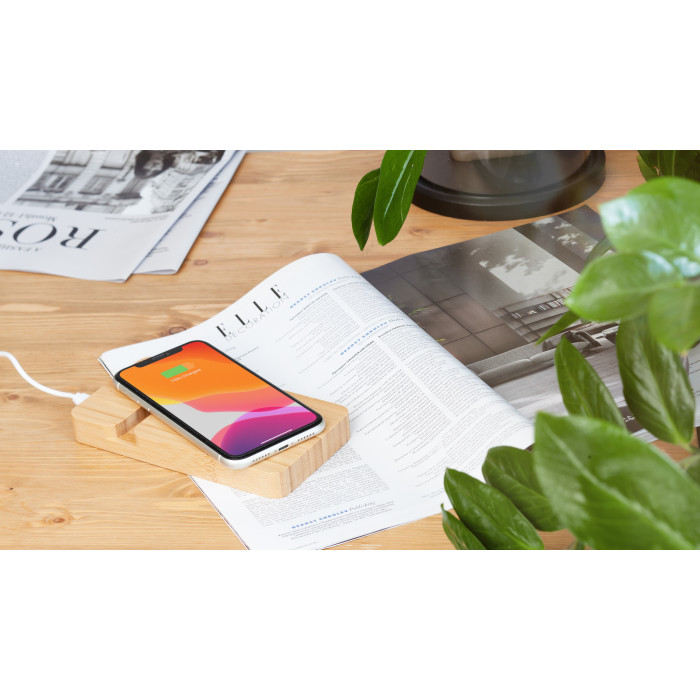 Беспроводное (10W) зарядное устройство Bamboo Power 5000 mAh с подставкой под смартфон, бамбук